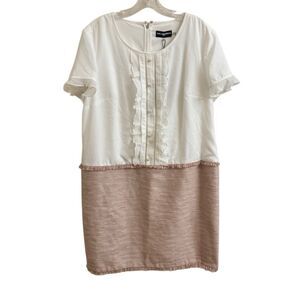 NEW Karl Lagerfeld Colorblock Tweed Dress Tuxedo Ruffle Front White Pink Size 16